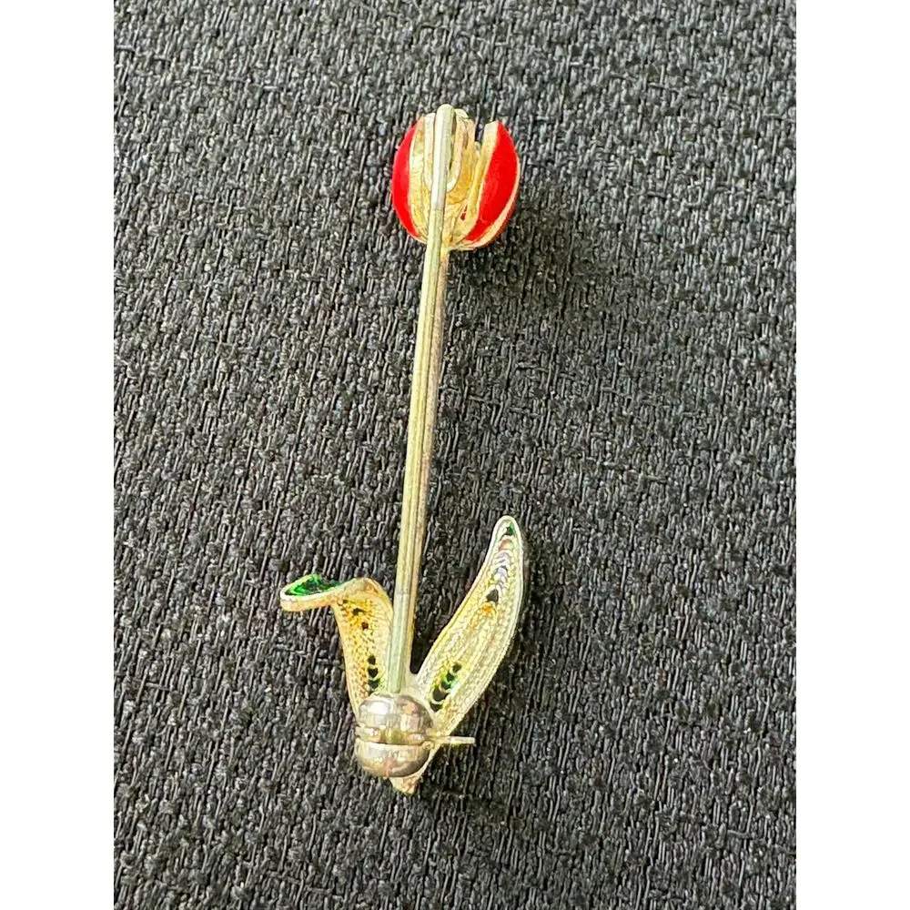 Vintage Tulip Brooch Red Green Enamel Floral Silver Tone Pin